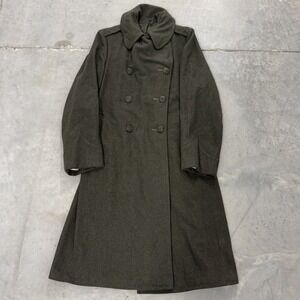 Vintage Military Wool Overcoat Double Breasted Trench Olive Drab Green Coat